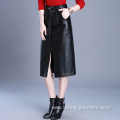 Women sexy PU Leather Long Vent Skirt